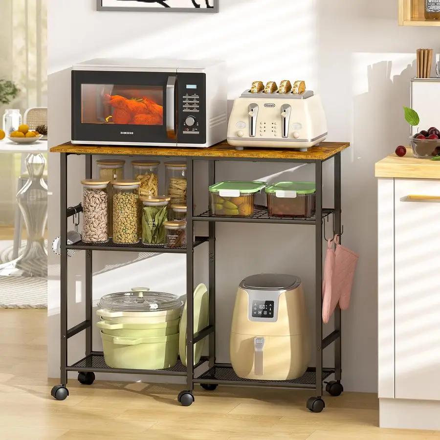 

Kitchen Microwave Cart, Microwave Stand with Adjustable Shelf, Coffee Bar Stand Kitchen Bakers Rack with Wheels Rolling Storage