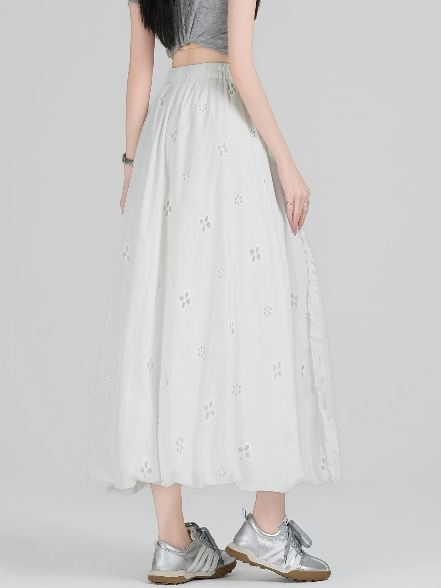 

Вышитая ажурная белая юбка для женщин, весна-лето, с высокой талией, А-силуэт, пышная юбка-солнце с дизайном в виде цветочных бутонов