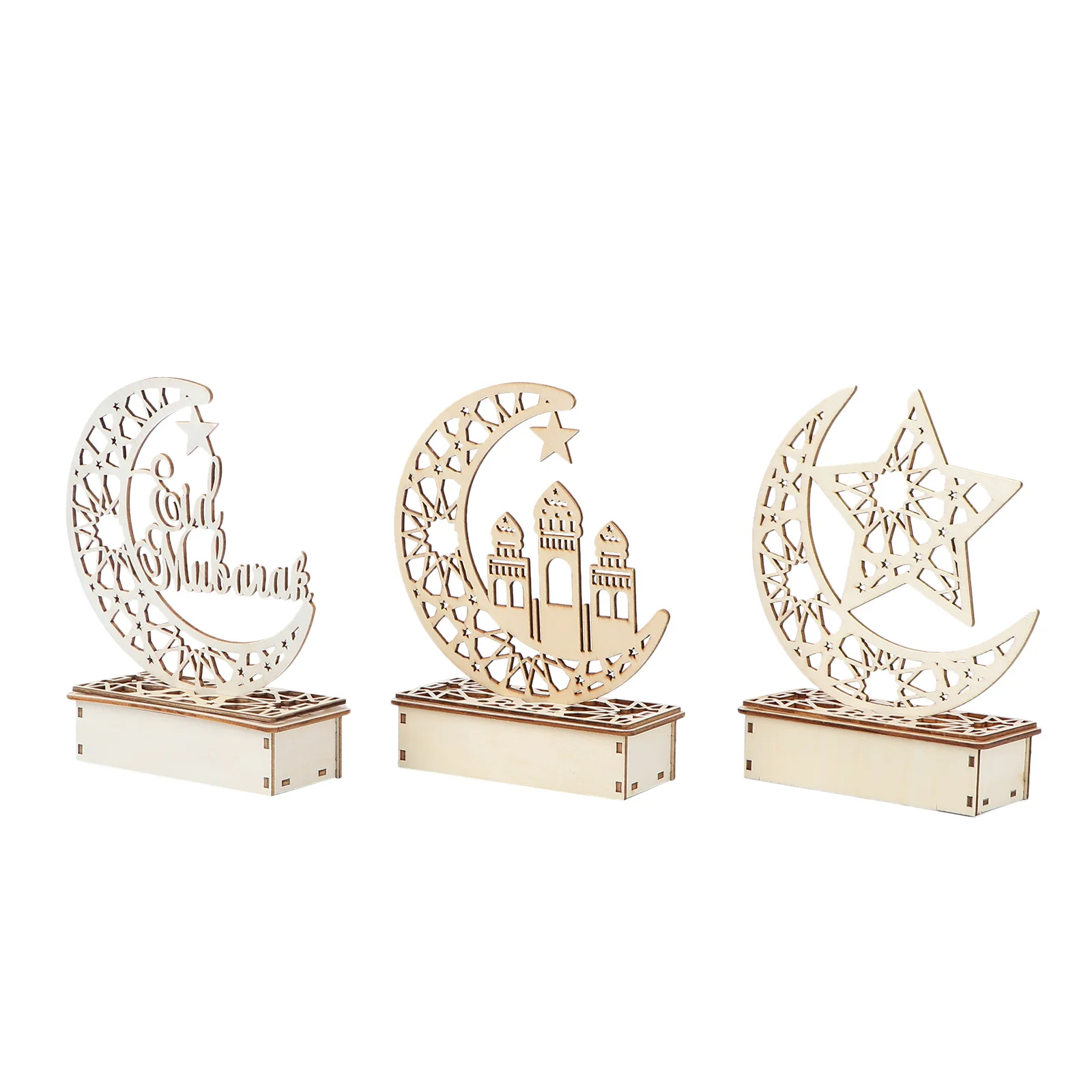 3Pcs Hollow Wooden LED Ornament Eid Mubarak Ramadan Festival Home Decoration DIY LED Palace Eid Wooden Ornament