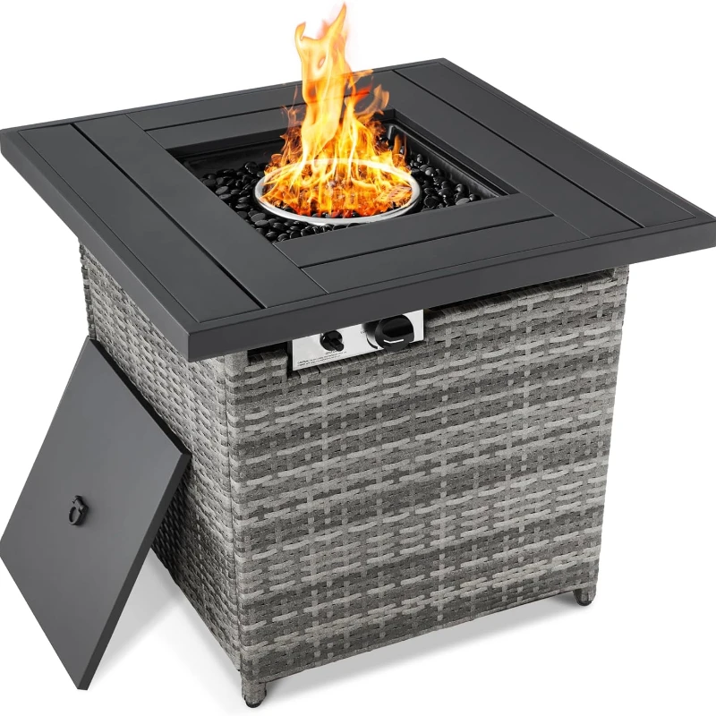 Products 28in Gas Fire Pit Table, 50,000 BTU Outdoor Wicker Patio Propane Firepit w/Faux Wood Tabletop, Clear Glass Rocks,