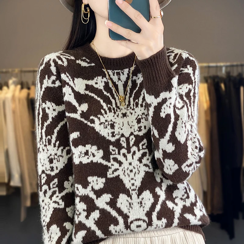 Autumn Winter Pure Wool Soft Sweater Women Retro Round Neck Worsted Jacquard Pullover Basis Casual Loose Knitting Top