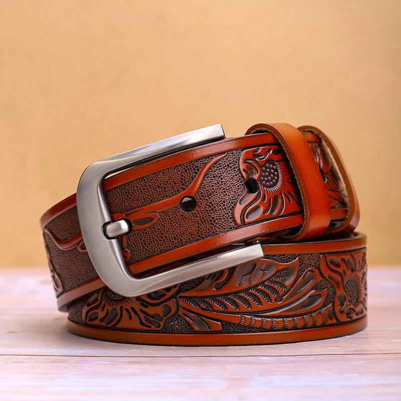 حزام جلد منقوش على الموضة للرجال بإبزيم حديث مناسب للجينز وإكسسوارات الاتجاه اليومي وحزام خصر مضغوط عتيق #2