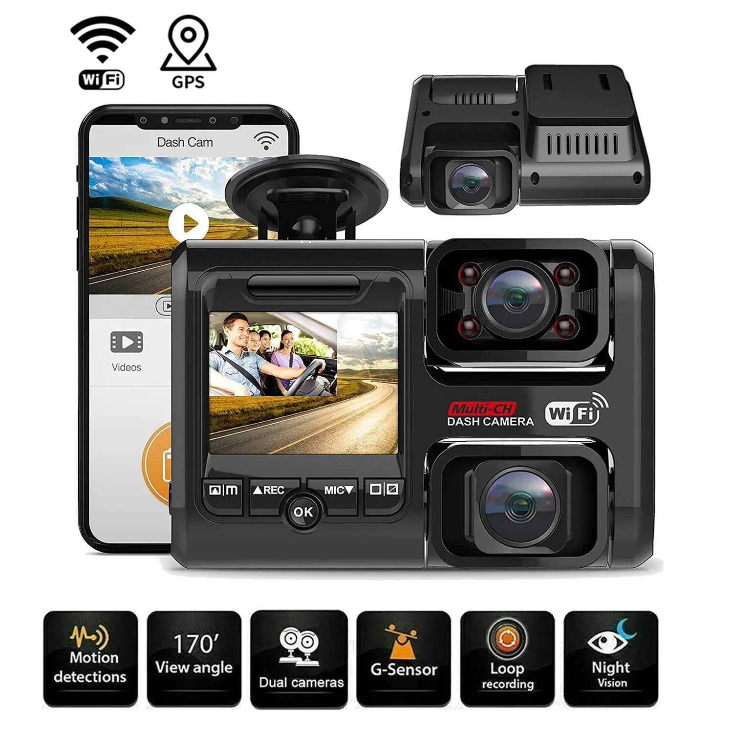 4K 2160P Front and Cabin Dual Dash Cam Built in WiFi GPS for Cars Taxi, Car DVR Driving Recorder Parking Monitor