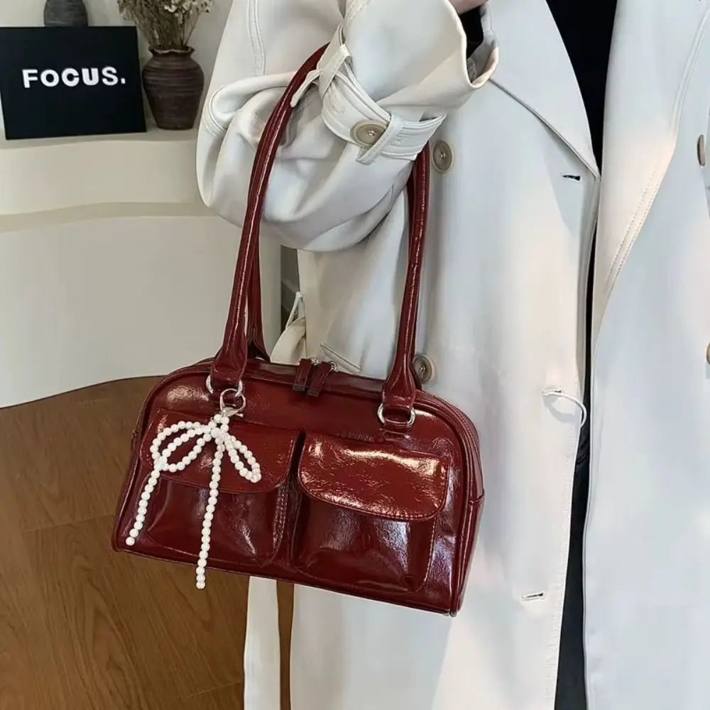 

Korean Style PU Bowling Bag Handbag Solid Color Pocket Boston Tote Bag French Style Minority Design Underarm Bag Girls