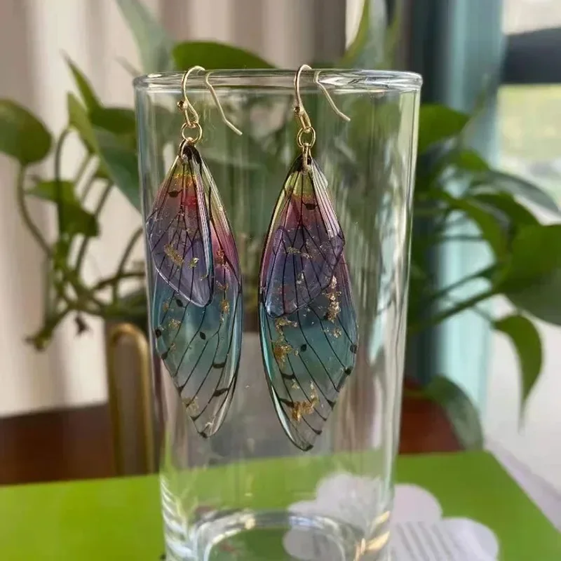 Beautiful Silver Cicada Wings Earhook colorful Butterfly Temperament Immortal Dangle Earrings Gradual Color Earrings Jewelry