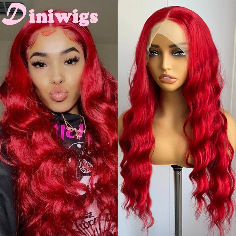Diniwigs الأحمر الدانتيل شعر مستعار أمامي طويل الجسم موجة الاصطناعية الدانتيل الباروكة شعري طبيعي الاستخدام اليومي تأثيري الباروكات للنساء مقاومة للحرارة