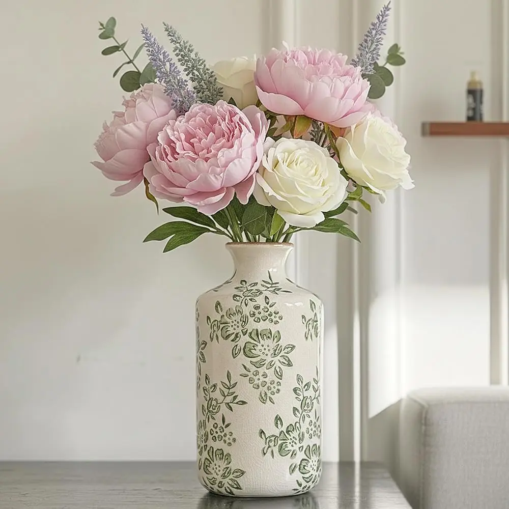 

Керамическая ваза в винтажном стиле, зеленая декоративная ваза в стиле шинуазри с цветочным узором, вазы в деревенском ретро-стиле с эффектом кракле для дома