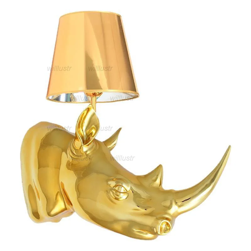 Modern Resin Rhino Wall Sconce Fabric Shade Lamp Hotel Cafe Bar KTV Bedside Living Room White Black Gold Silver Lighting