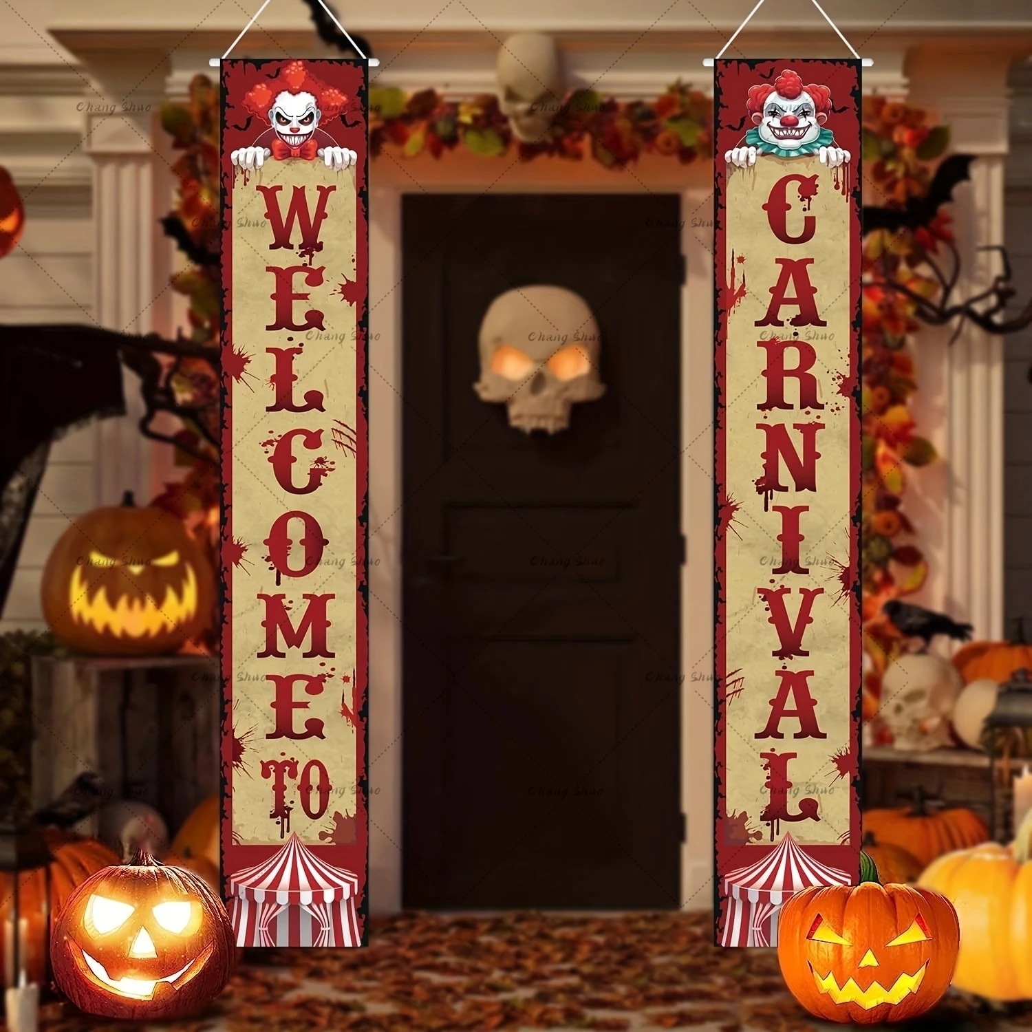 Decoraciones de Halloween para porche de Carnaval espeluznante, pancarta de diseño de salpicaduras sangrientas, cartel de payaso de circo malvado, "Bienvenido al carnaval"