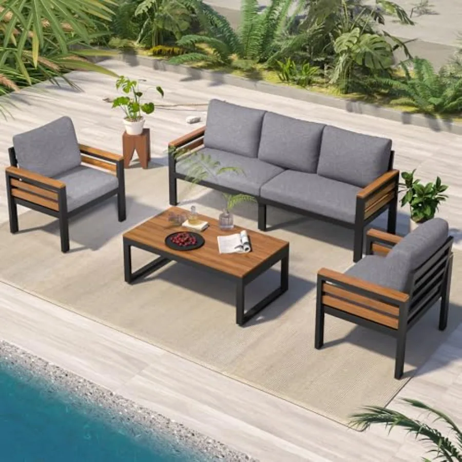 Outdoor patio furniture set for backyard, deck, garden, balcony: acacia wood with gray removable cushions and solid wood coffee