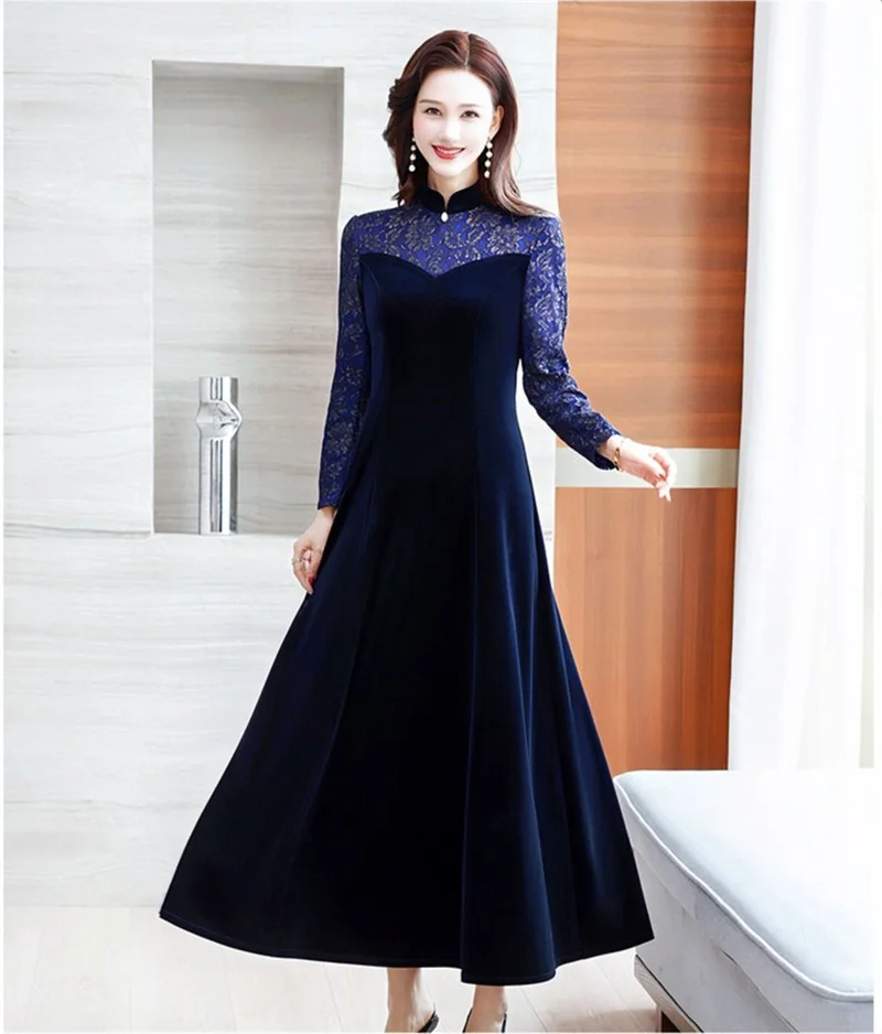 

Spring Autumn Women Golden Velvet Lmprovement Cheongsam Dress High-End Middle-Aged Mother Elegant Lace Splicing Long Dress 4XL