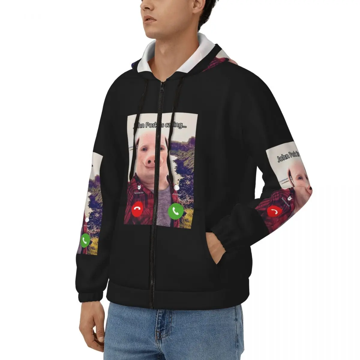 John Pork Is Calling Answer Call Phone Zipper Hoodie Harajuku Pullover Autumn Winter Men's Women's Sweatshirts Long Sleeve Tops