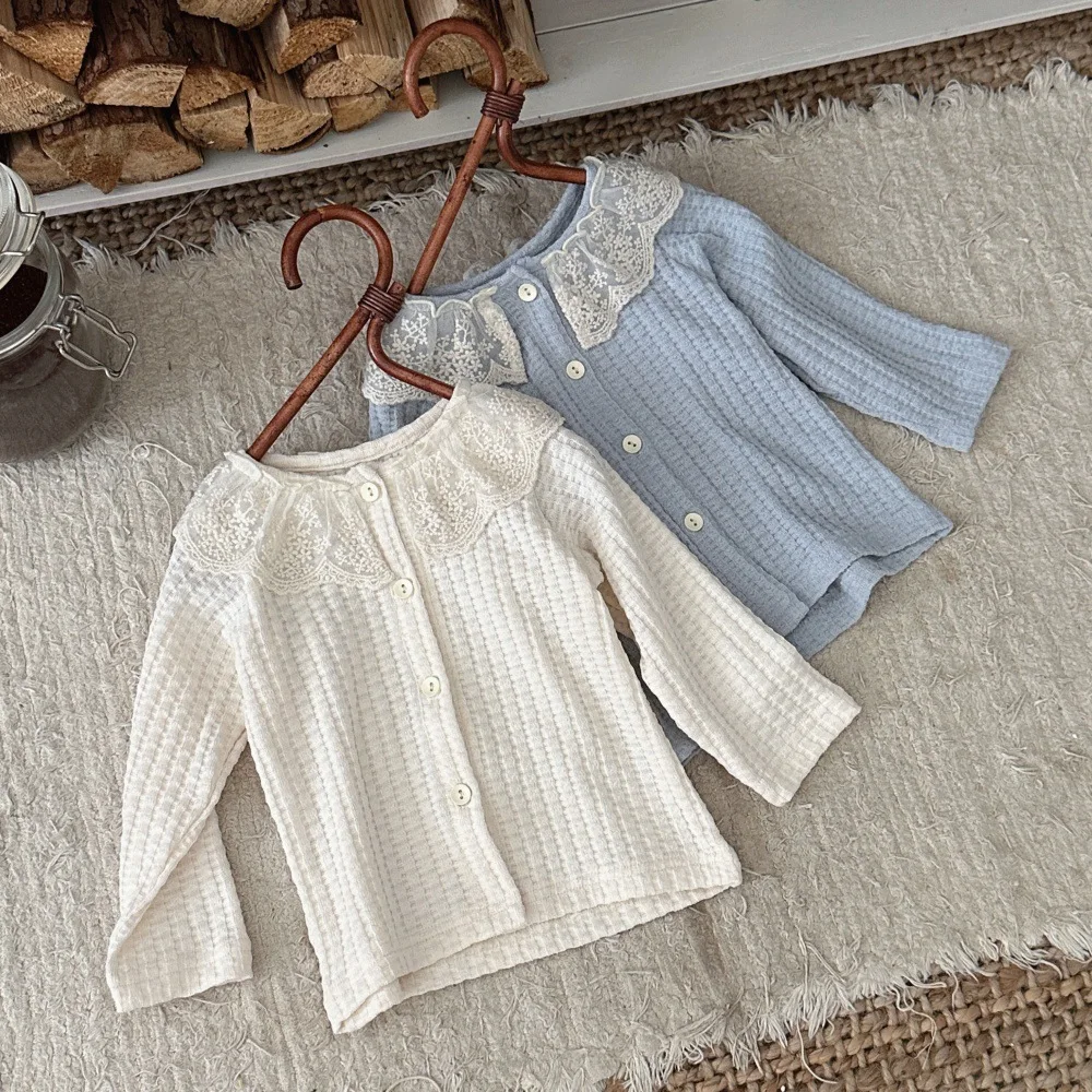 2026 Autumn New Baby Long Sleeve Coat Solid Girls Cute Lace Collar Cardigan Infant Simple Versatile Coat Toddler Clothes