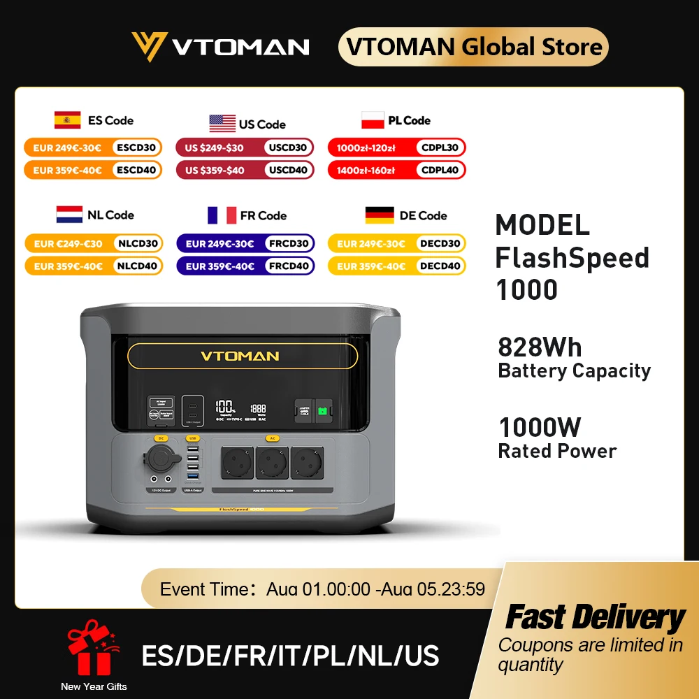 

VTOMAN FlashSpeed 1000 Portable Power Station 2000W 828Wh LiFeP04 Battery For Outdoor Camping Tent Travel