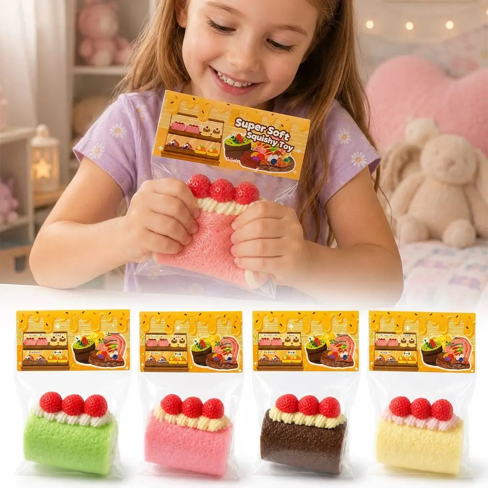 TPR Cake Roll Squishy Soft Squeezable Strawberry Topping Squeeze Toy Realistic Food Style Flexible Texture Squeeze Fidget Toy