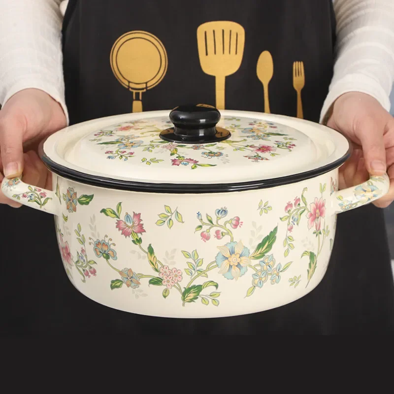 Olla para estofado de esmalte de borde enrollado grueso, olla nostálgica para sopa de porcelana de hierro, diseño de doble oreja para cocina de Gas e inducción