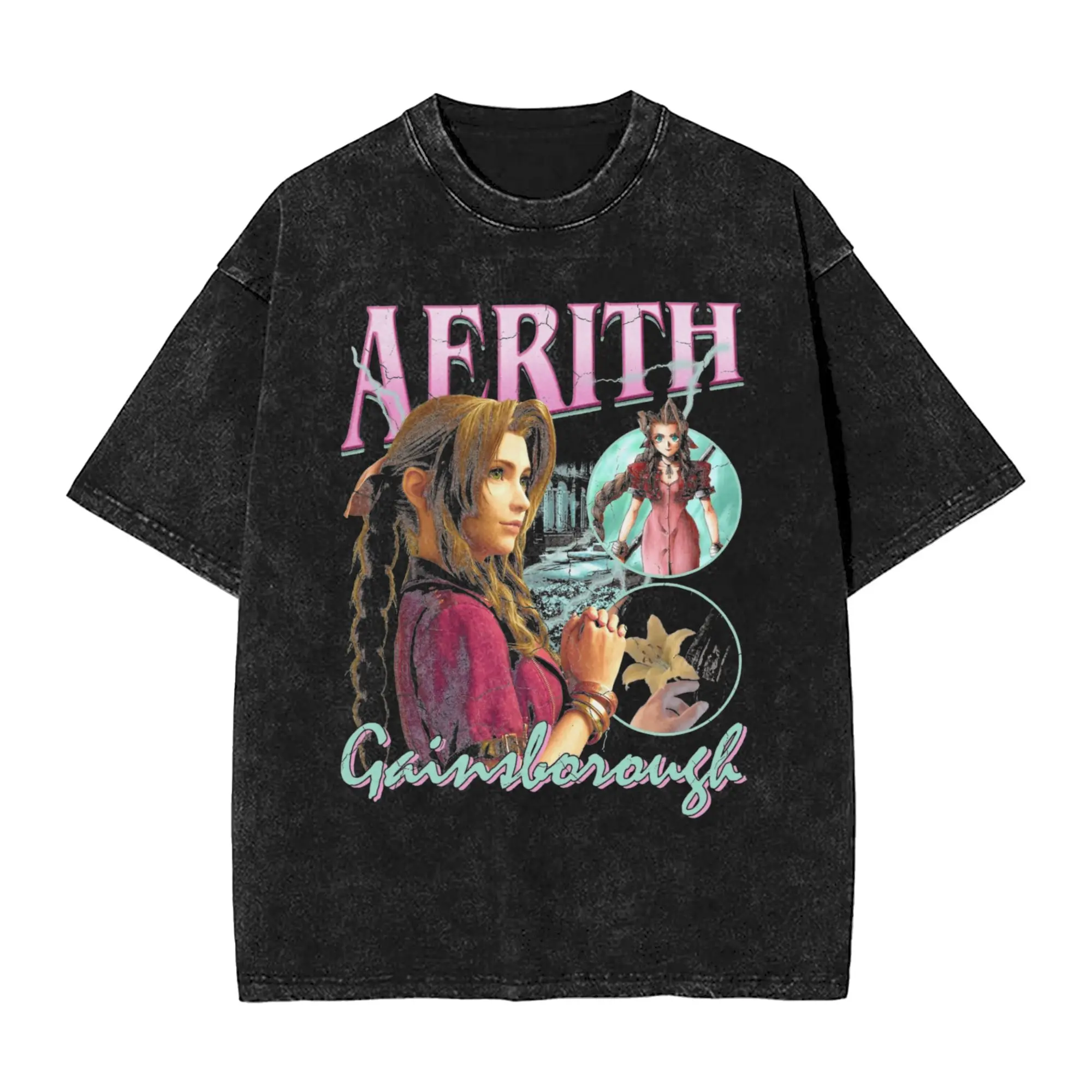 Aerith Gainsboro Vintage Finals Fantasys 7 Washed T Shirts 100% Cotton Vintage T-Shirt O Neck Tee Shirt Short Sleeve Tops