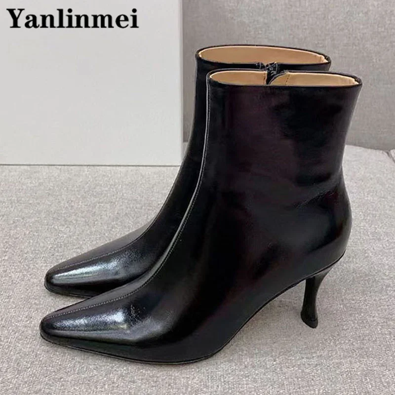 Luxury Genuine Leather Short Boots For Woman High Heels Runway Modern Boots Pound Toe Kitten Heels Ankle Boots Women Botas Mujer