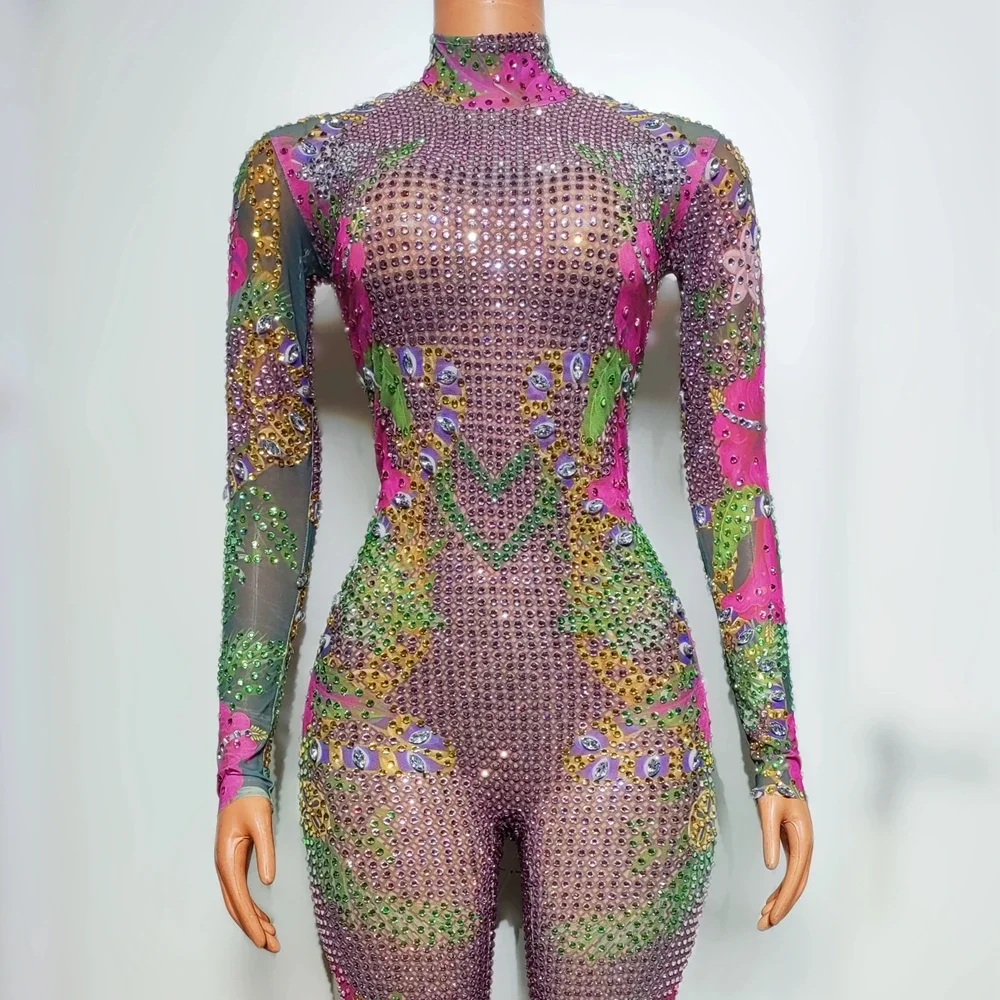 Mono brillante multicolor con diamantes de imitación para mujer, traje Sexy para fiesta de celebración, cumpleaños, actuación de baile, ropa de escenario