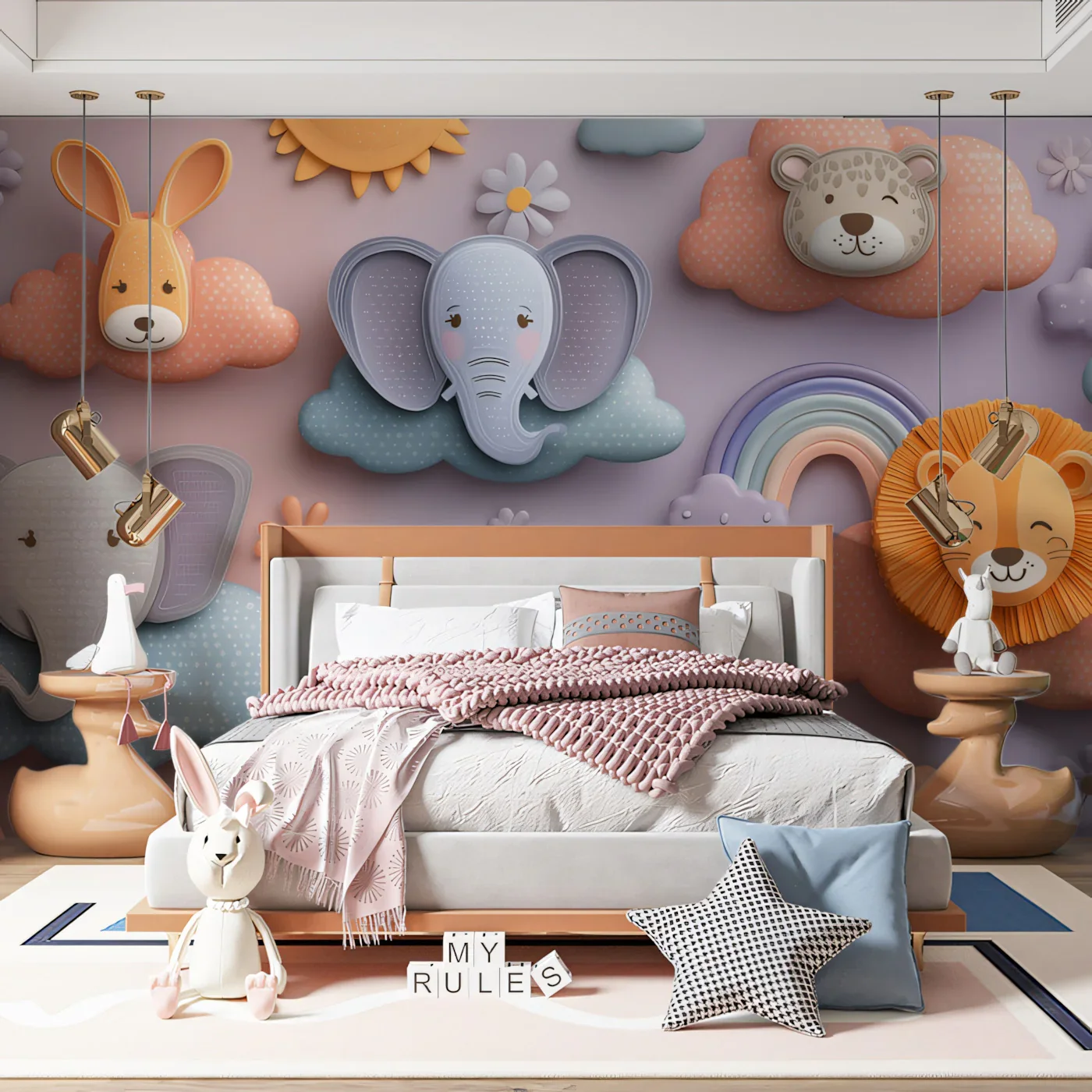 3D Animal Cloud Mural Wallpaper — Soft Pastel Whimsical Decor Custom Peel and stick wallpaper
