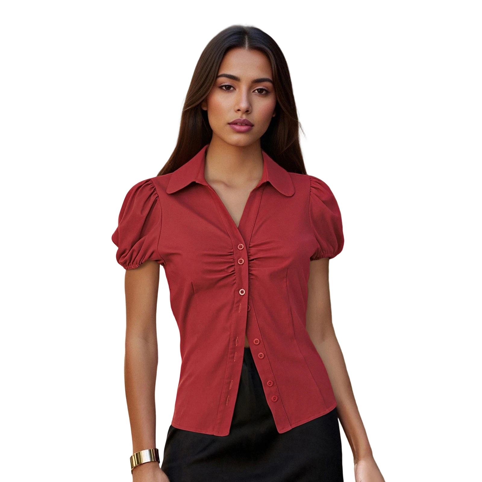

Women Plain Shirt Solid Color Short Puff Sleeve Lapel V-Neck Button Down Fit Summer Tops Streetwear for Casual Daily