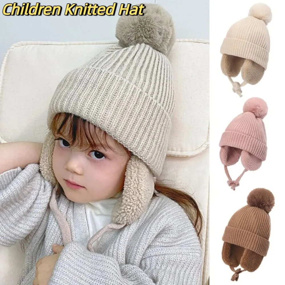 

Comfortable Plush Children Knitted Hat Cartoon Ear Protection Pompom Beanie with Earflap Warm Cute Wool Cap Winter Autumn
