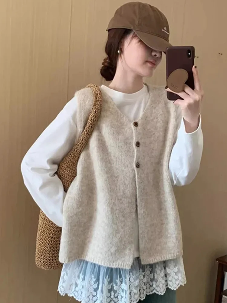 Laid-back Style Layered Knit Sweater Vest Women's Loose Sleeveless Outerwear Spring Autumn New Fashion Versatile Trendy