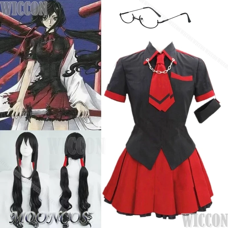 Kisaragi Saya Anime BLOOD-C Cosplay Costume Prop Black Long Wig Eyeglass Frame Women Battle Uniform Black Red Holloween Roleplay