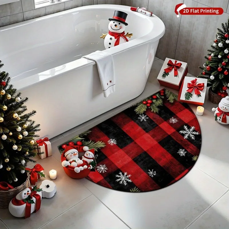 Red Black Buffalo Plaid Snowflake Semi Circle Doormat Snowman Festive Welcome Mat