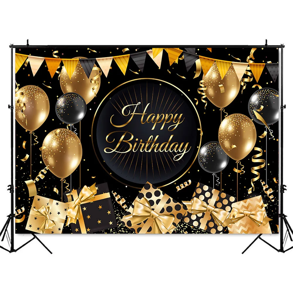 Gold Black Birthday Backdrop Flag Balloon Happy Birthday Photo Background Adult Theme Party Decoration Supplies