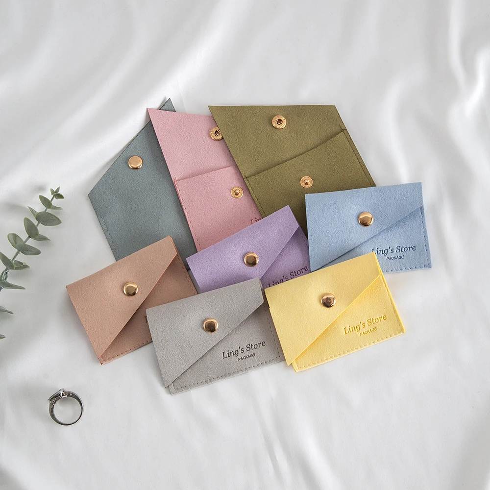 50pcs Lovely Personalized Logo Bevel Microfiber Jewelry Snap Bag For Earring Ring Box Necklace Bracelet Packaging Gift Organizer