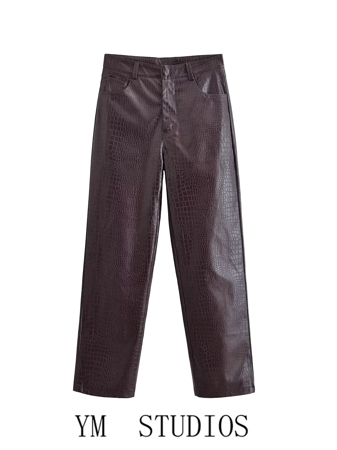 Women's High Waist Crocodile Texture Leather Pants Shiny Surface Slimming Versatile Casual Long Trousers Hong Kong Style