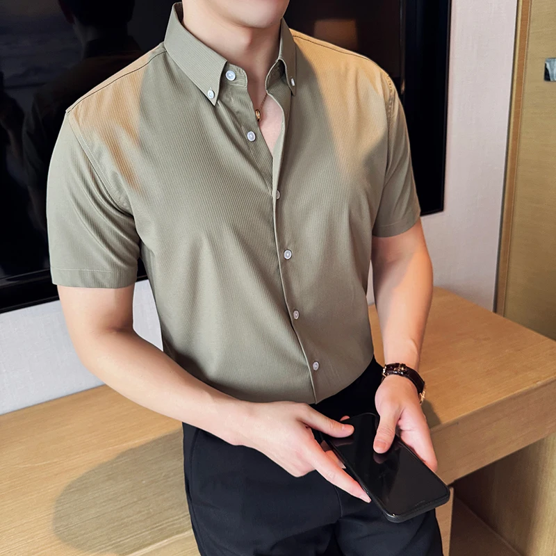 Summer Short Sleeve Shirts Men Fashion Solid Color Bamboo Fiber Breathable Casual Business Dress Shirt Royal Blue Men Clothing