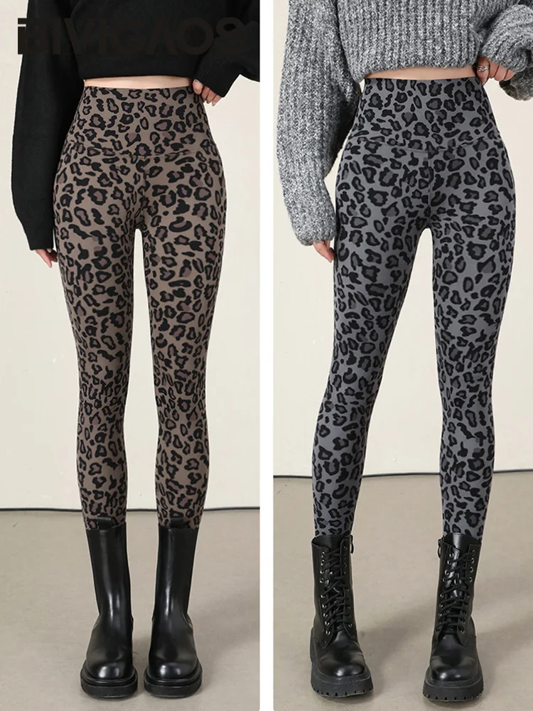 BIVIGAOS New Autumn Winter Thin Velvet Fashion Leopard Sharkskin Leggings Women High Waisted Sexy Slim Tight Warm Leggings