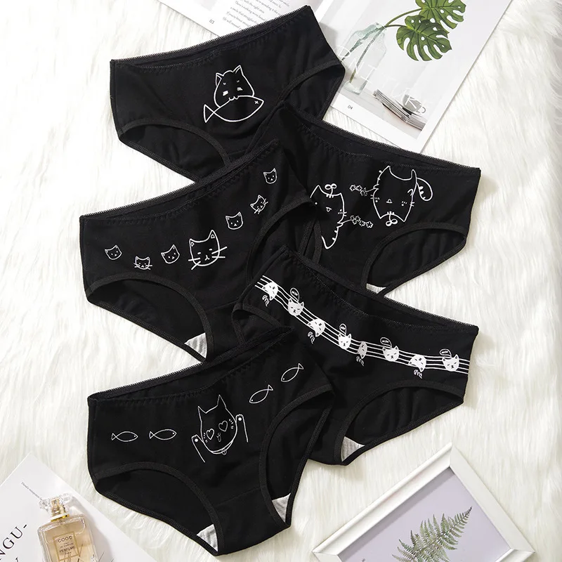 5Pcs Fashion Black Cat Combination Triangle Pants Women Cotton Student Triangle Panties Middle Waist
