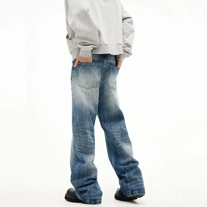 Jeans Men Straight Trousers Denim Flare Pants Long Pant Loose Casual Regular Splice Button Pocket High Waist Simple Autumn