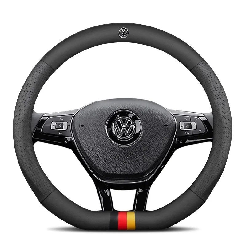 Car AntiSlip Leather Steering Wheel Cover For Volkswagen Magotan Passat Golf GTI Tiguan Touareg Polo Arteon Beetle T-ROC T-Cross