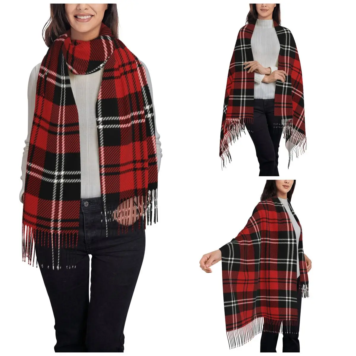 Tartan Plaid Scottish Check Scarf for Women Fall Winter Pashmina Shawls Wrap Christmas New Year Long Large Scarves with Tassel