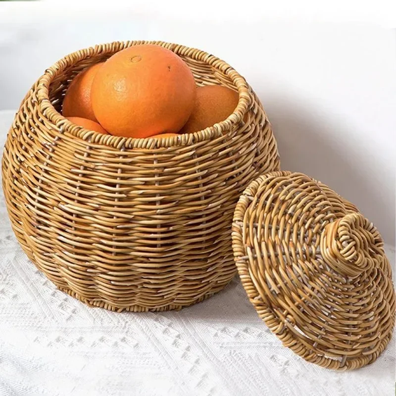 Hand-woven  Wicker Basket Oval Pumpkin Basket Kitchen Organizer Desktop Storage Jar Lid Imitation Rattan Storage Plant Basket