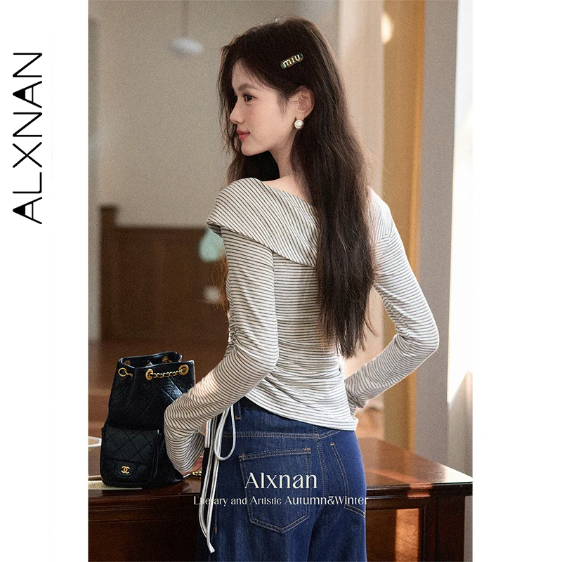 ALXNAN Plue Size Black White Striped T-shirt Women's Irregular One-shoulder Long Sleeve T-shirts Slim-fit Tops Female D12607
