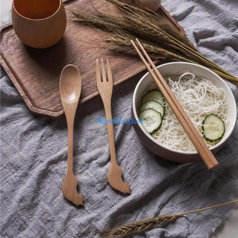 

U2JC Sustainable Wooden 3 Piece Utensils Set Chopsticks Fork Spoon Natural Kitchen Tool