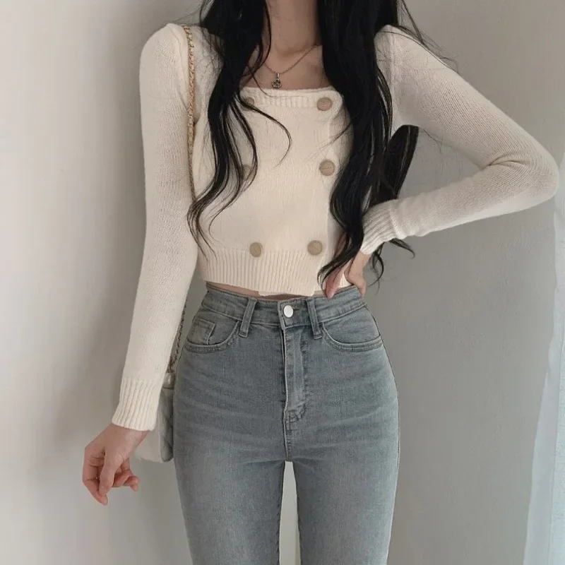 Cropped Pullovers Women Slim Long Sleeve Knitwear Korean Style Ins Sexy Fashion Chic Vintage Button Design Casual New Pull Mujer