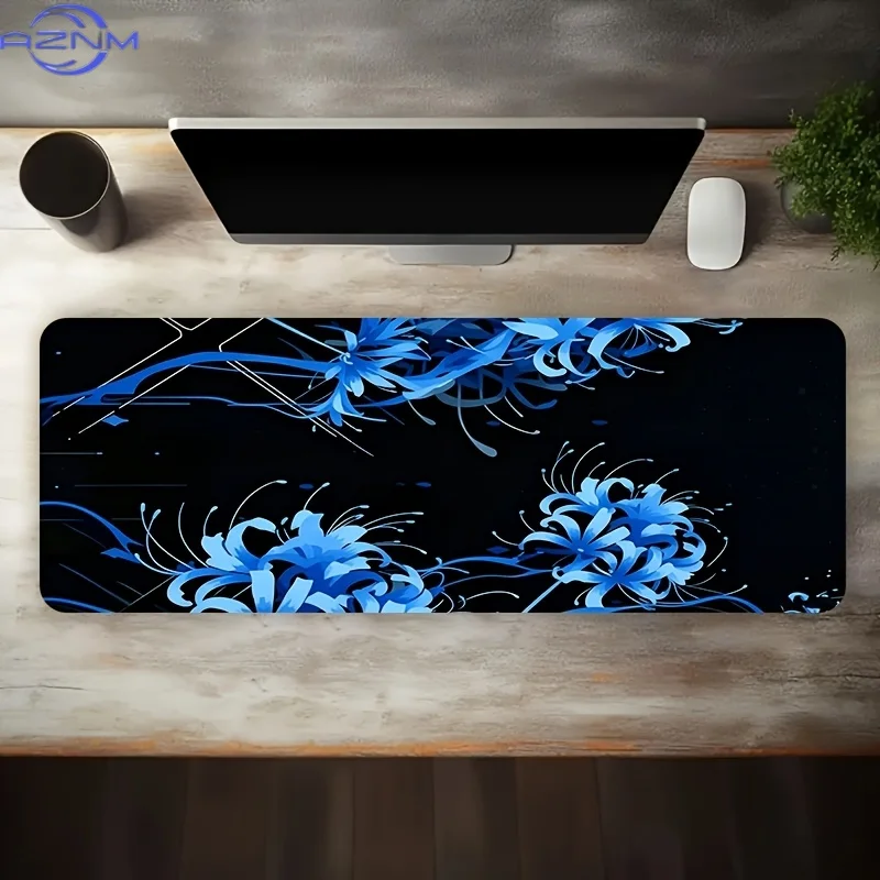 1pc Large Size Esports Gaming Mouse Pad, Black Background Blue Morning Glory Easy National Trend Line Illustration, Non-Slip Rub