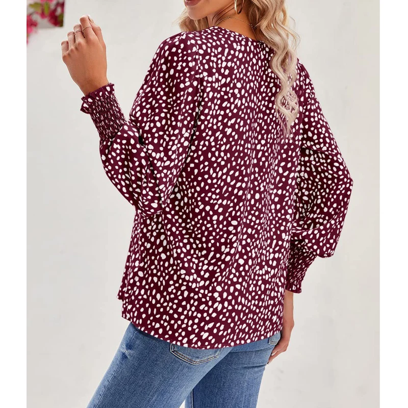 Women Dot Print V Neck Elegant Blouses Autumn Office Lady Long Sleeve Casual Shirts Loose Streetwear Tops Blusa Mujer Moda 2023