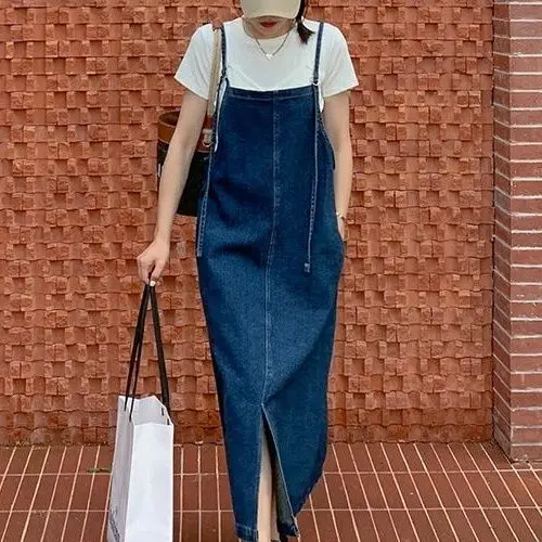

Strapless Denim Dress 2025, Casual Loose Fit Long Slit Maxi Dress with Boho Style for Women