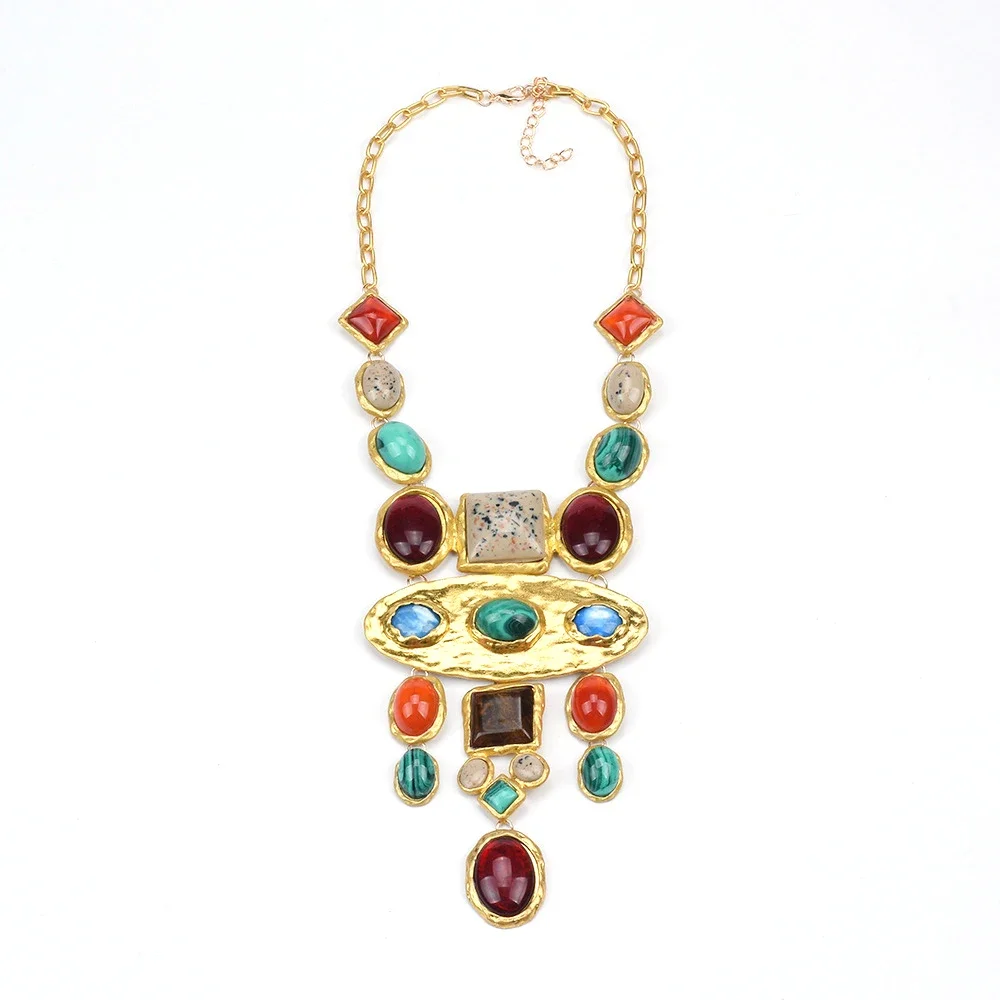 Vintage Statement Necklace for Women Baroque Bride Colorful Geometric Gemstone Long Sweater Chains Afghan Gypsy India Jewelry