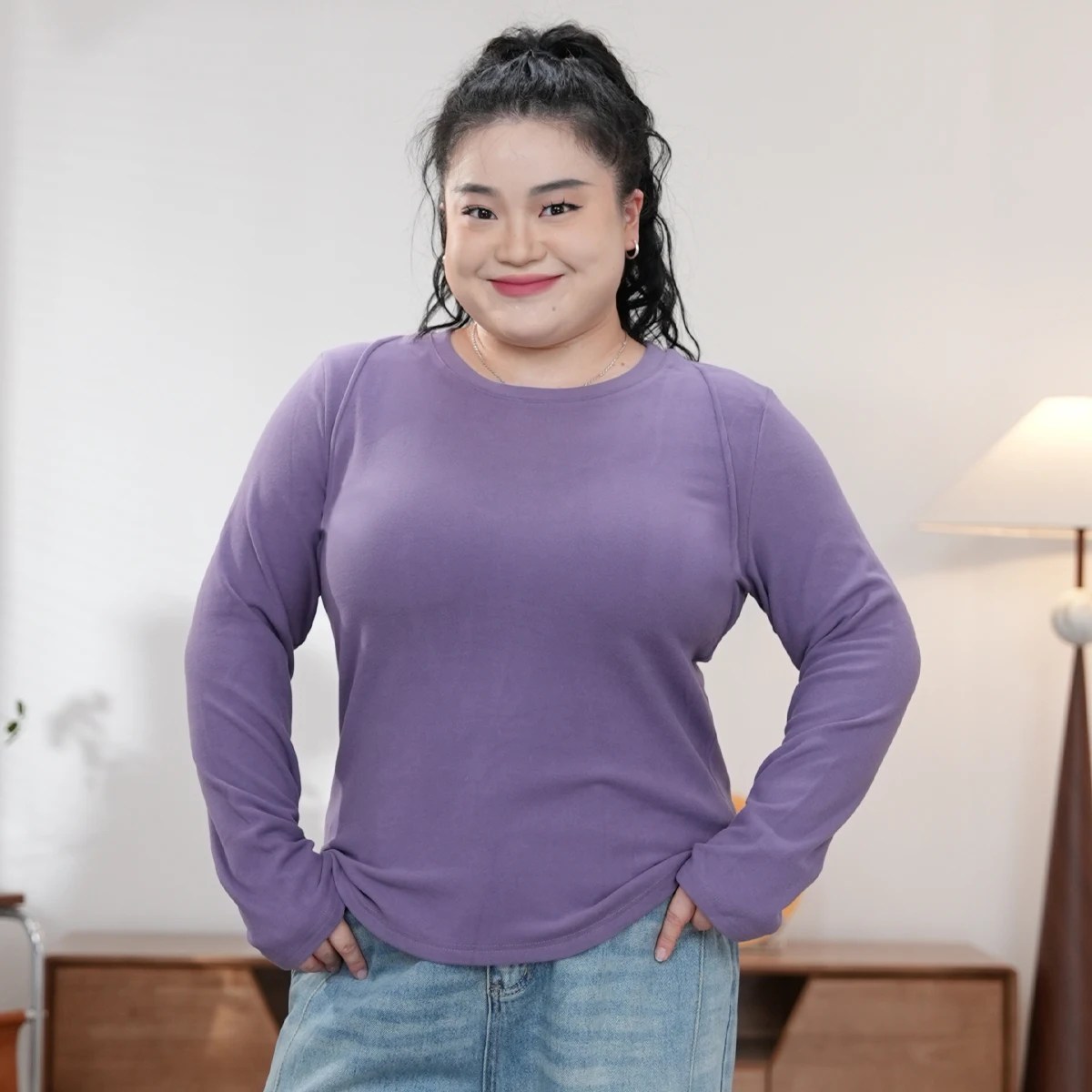 

Женская универсальная футболка с длинным рукавом из смесового хлопка, дизайн «Молочная кожа», с круглым вырезом, большие размеры