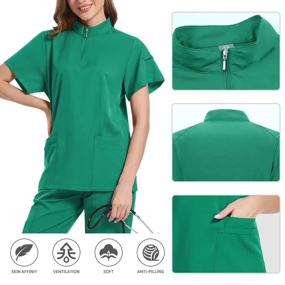 Women's Nurse Shirt Frosted set Stylish zipper plus size care shirt Beautiful solid color overalls frosted top and pants