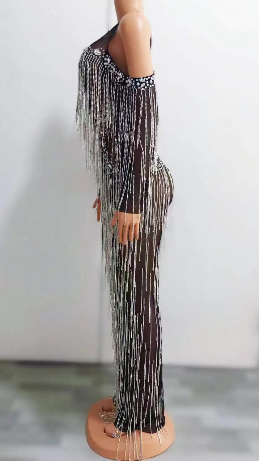 Nuevo vestido largo Sexy de malla transparente brillante con cadenas de cristales, vestido de noche de cumpleaños, celebración de diamantes de imitación, disfraz transparente