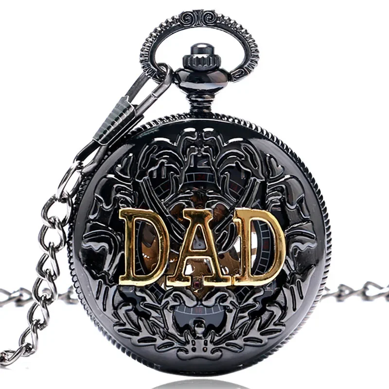 Steampunk Golden DAD Design Pocket Watch Men's Handwinding Mechanical Watches Skeleton Clock Pendant Chain Timepiece Gift